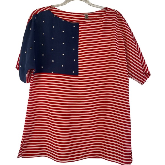 100% Silk American Flag Blouse Vintage, Oversized, Patriotic, red white blue, ML - Picture 1 of 12